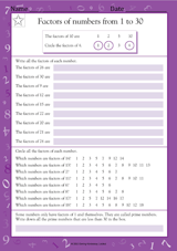 Factors of Numbers from 1 to 30